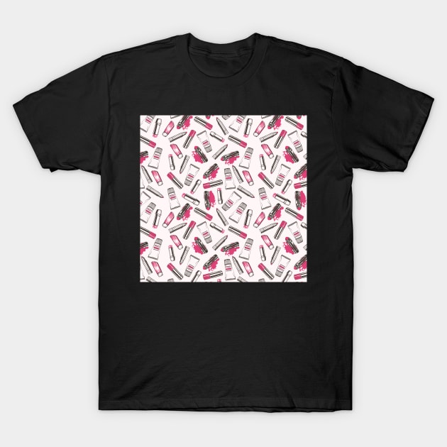 Pink blush lipsticks and lip balm pattern T-Shirt by IngaDesign